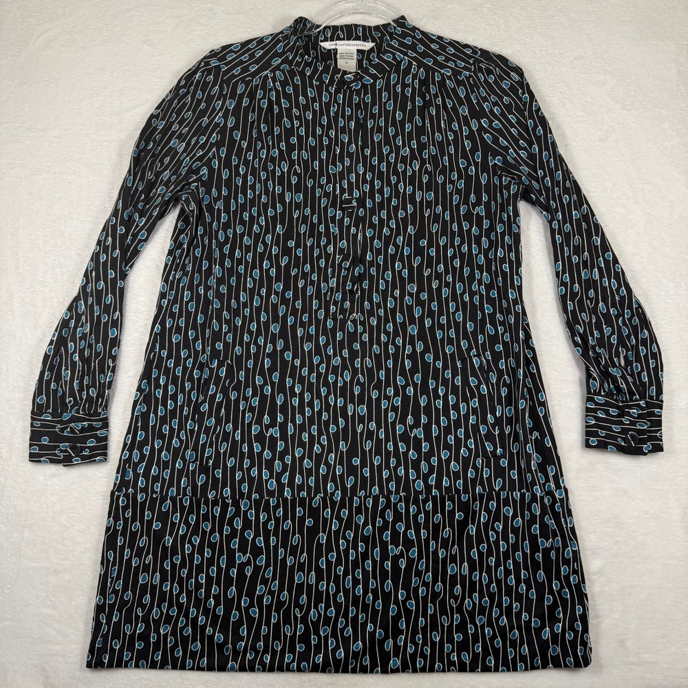 Diane‎ von Furstenberg DVF Black Blue Silk Geometric Print Shift Tunic Dress 12